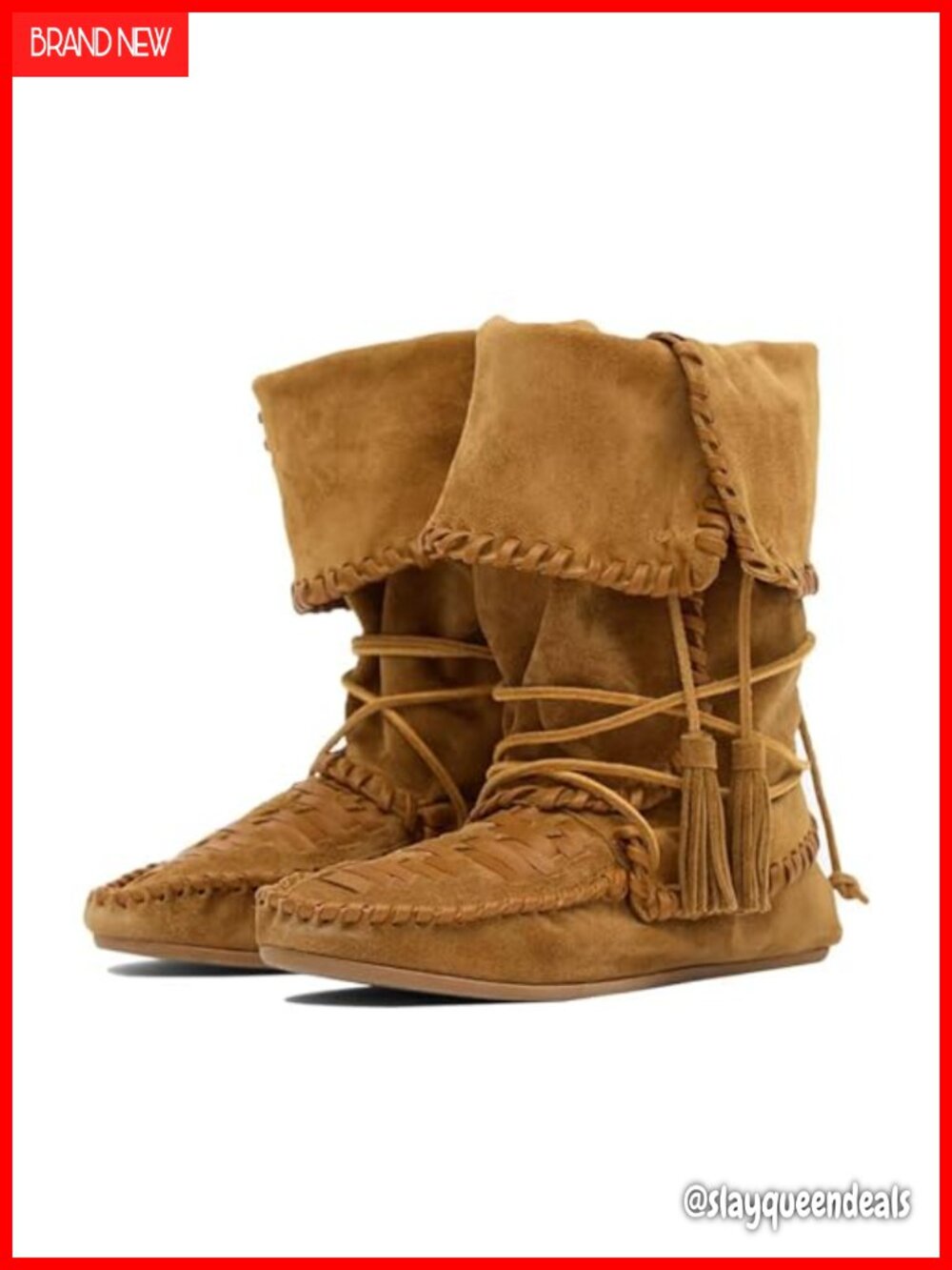 Faux Suede Fold Over Mid Calf Boots Woven Fringe Western Cowboy Lace Up